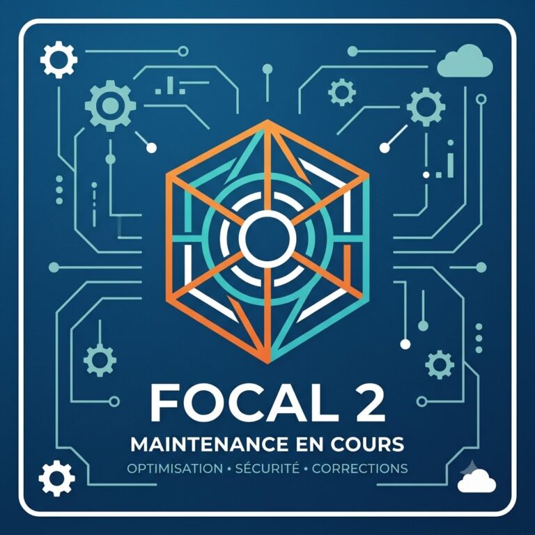 Illustration représentant une interface numérique avec un symbole central et le message "FOCAL 2 – Maintenance en cours", indiquant une opération de maintenance, d’optimisation et de mise à jour d’un système.