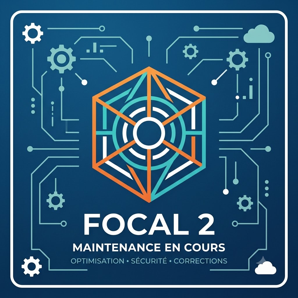 Illustration représentant une interface numérique avec un symbole central et le message "FOCAL 2 – Maintenance en cours", indiquant une opération de maintenance, d’optimisation et de mise à jour d’un système.